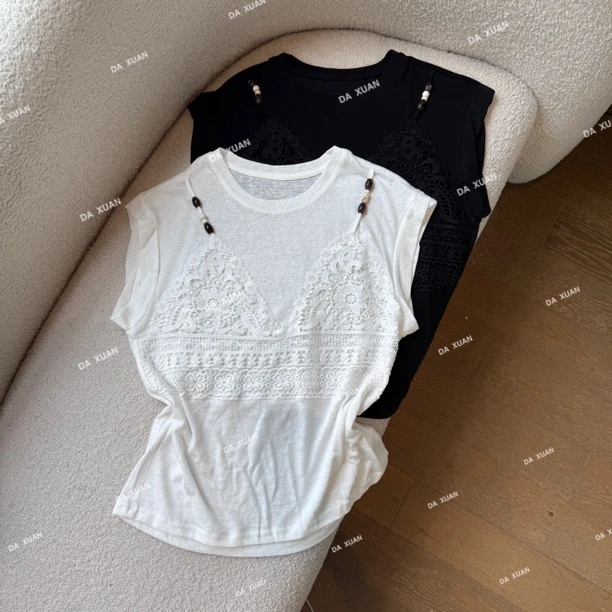 /D.X/2025夏款『珠光蕾丝』设计感蕾丝拼接宽松休闲百搭短袖T恤/D52