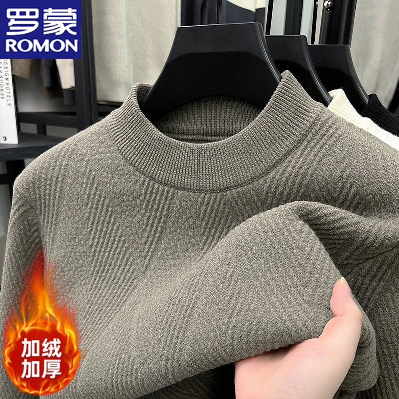 罗蒙冬季中年保暖加绒加厚男士圆领针织衫毛衣休闲简约打底衫线衣