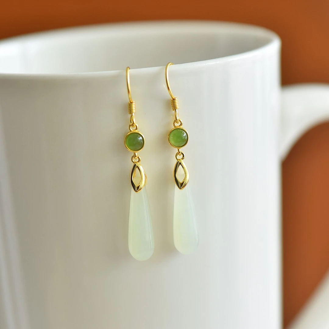 水滴和田玉耳坠S925银镶嵌耳坠耳环时尚日常通勤百搭