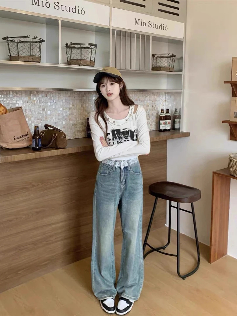 5703复古港风阔腿牛仔裤女春秋新款百搭直筒长裤