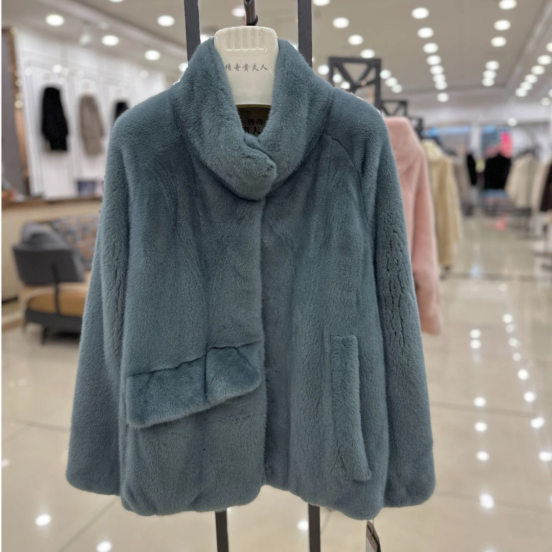 2838女士灰蓝色立领短款貂皮皮草冬季外套