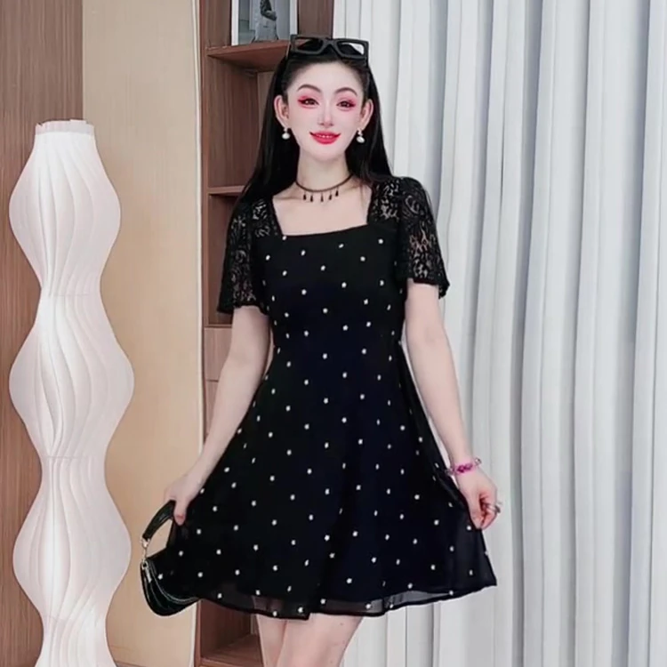 3320夏季蕾丝高级感拼接气质法式波点高腰连衣裙大码收腰显瘦裙