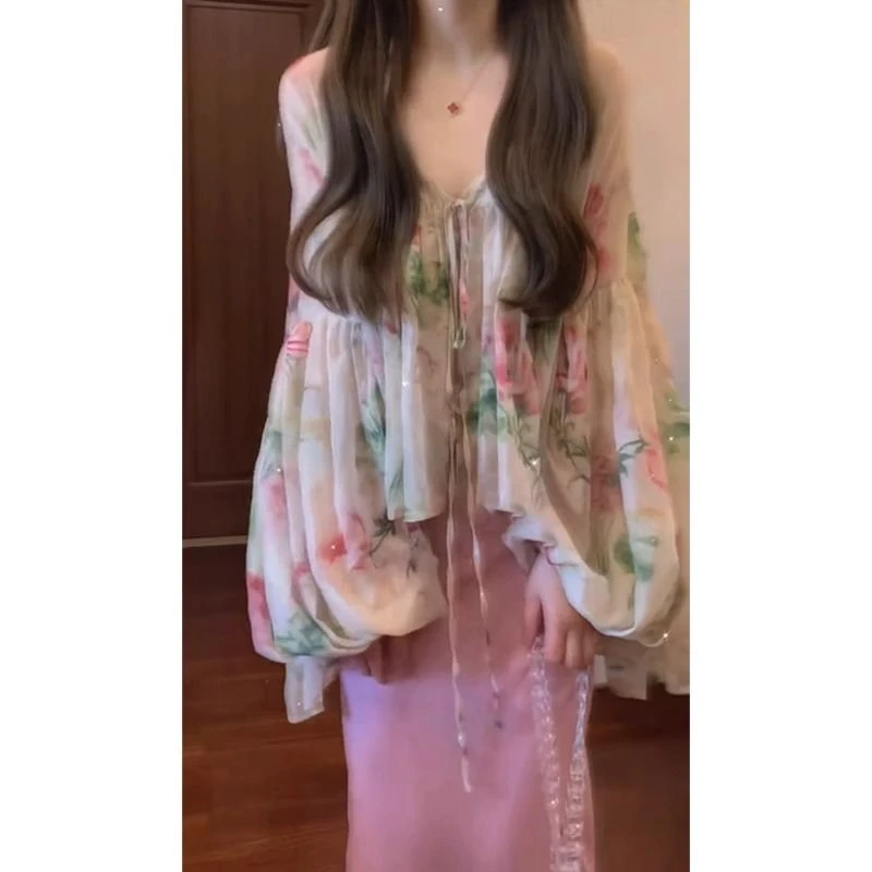 法式绝美气质印花灯笼袖上衣女装2025春季新款高级半裙新中式套装