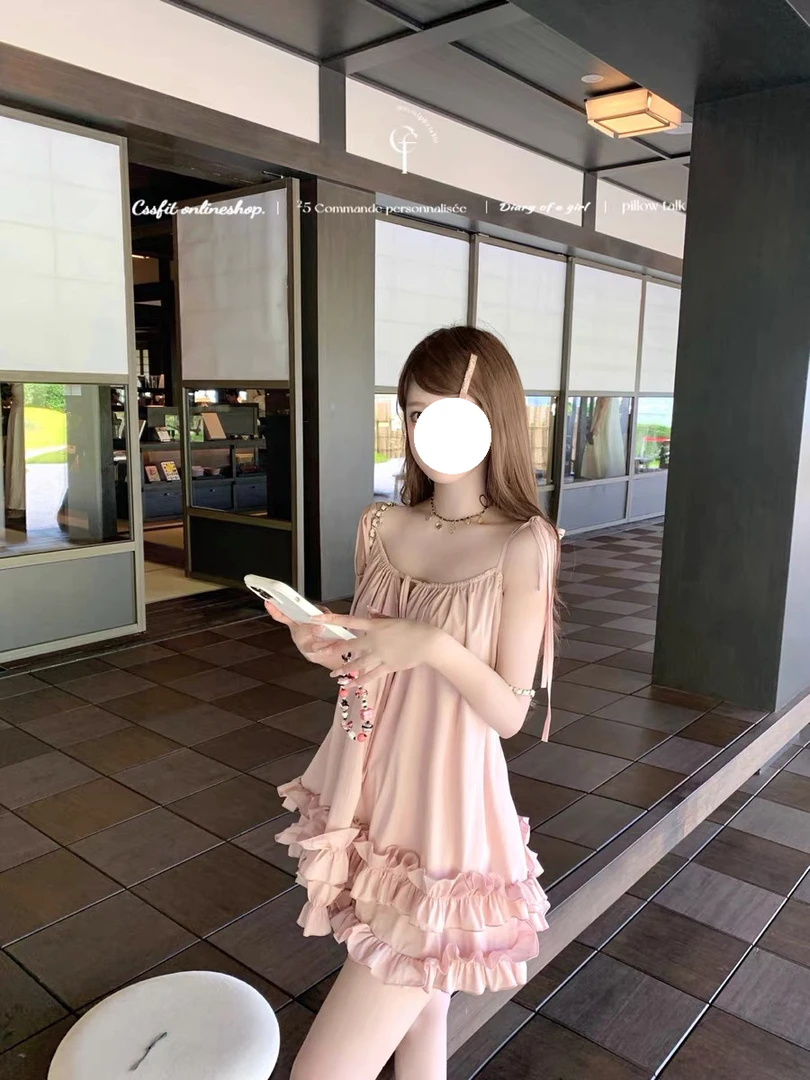 冰莓夏日祭 冰粉色系带棉质木耳边2way吊带裙显瘦气质公主性感