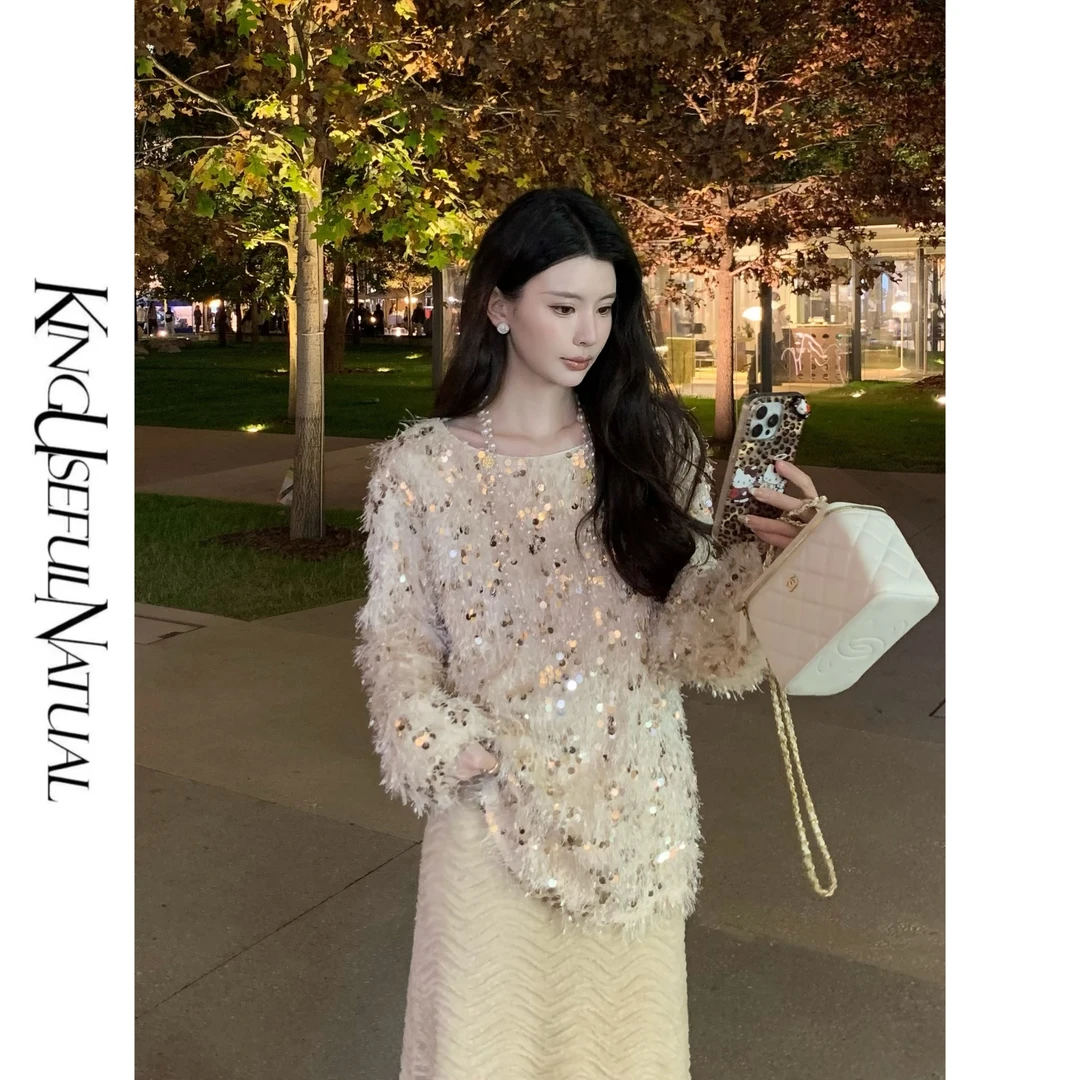 KUN【永夜星河】鎏金记忆 亮片碰撞羽毛温暖感厚款毛绒显瘦上衣