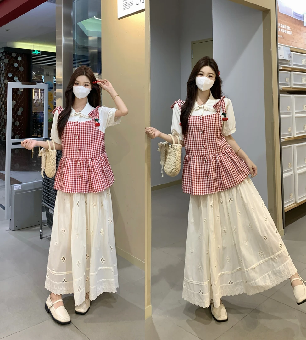 【运费补贴】夏季韩版时尚甜美高腰格子小清新显瘦两件套