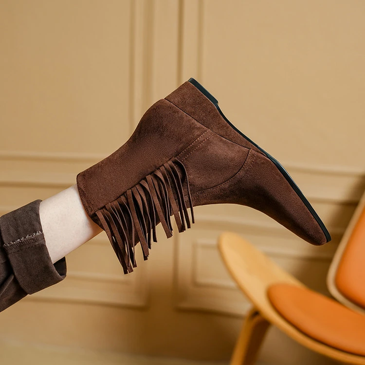 羊皮~4cm秋冬新款内增高真皮短靴复古坡跟短筒裸靴流苏瘦瘦靴棕色