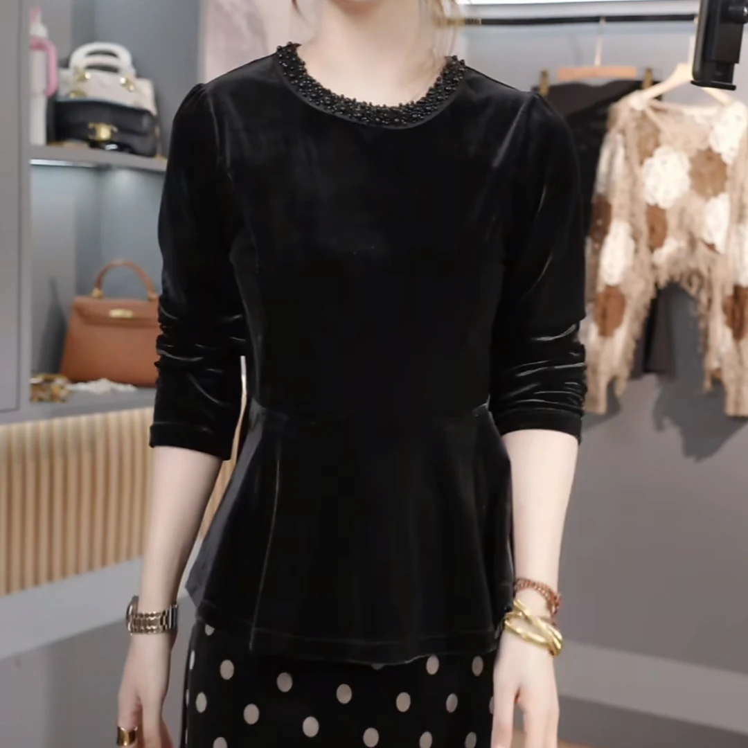 设计感黑色丝绒打底衫女2025新款秋冬季时尚百搭气质圆领长袖T恤