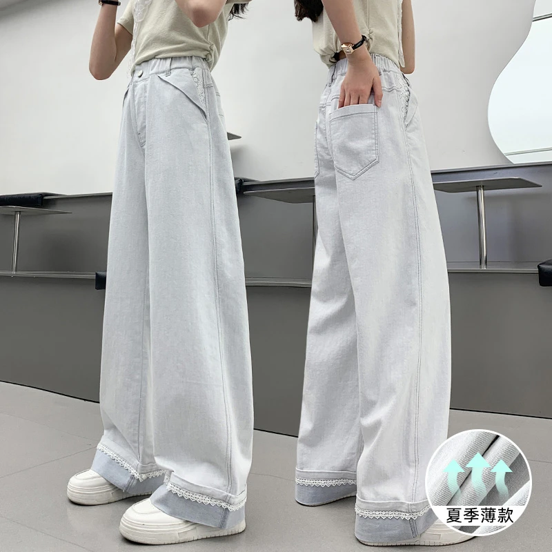 儿童夏装2025新款大女童装弯刀裤子宽松水洗牛仔裤夏季薄款直筒裤