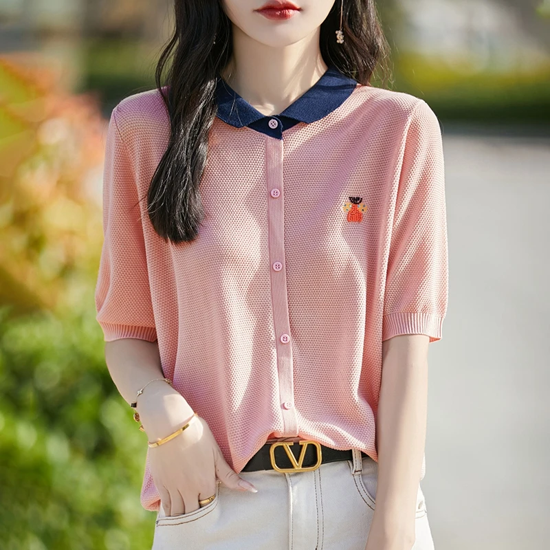 哥弟阿玛施正夏季桑蚕丝短袖T恤女翻领宽松时尚刺绣洋气针织上衣