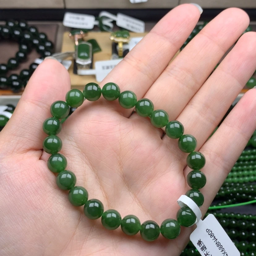 【闪购商品】未镶嵌手串和田玉（碧玉）8m新款冰底辣菠菜绿无黑