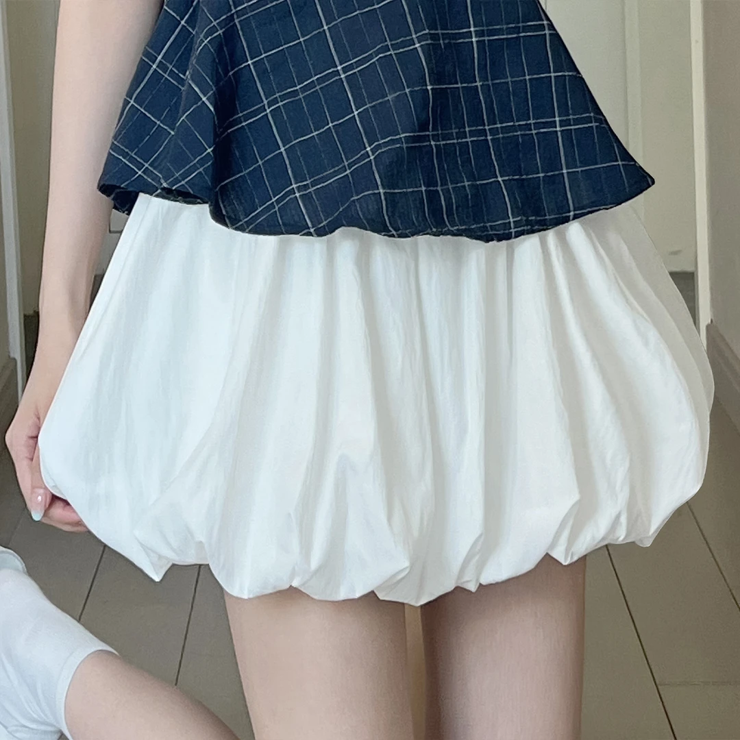 白色花苞短裙女夏新款高腰显瘦a字半身裙休闲甜美温柔风蓬蓬裙裤