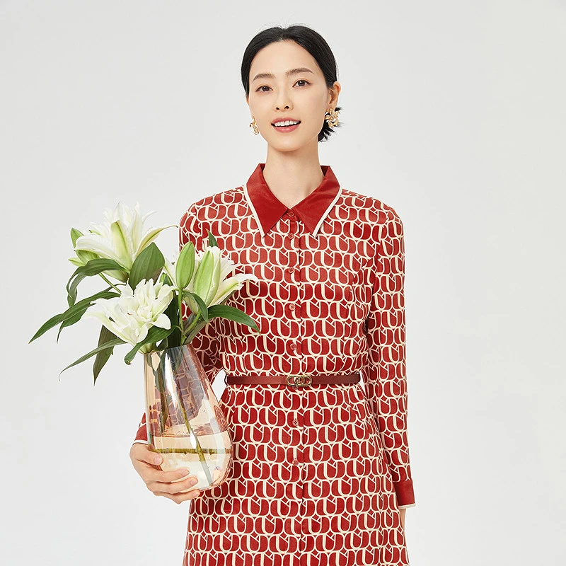 【众心专享价】【桑蚕丝】秋冬优雅魅力宴会印花领衬衫裙女LF05897A5