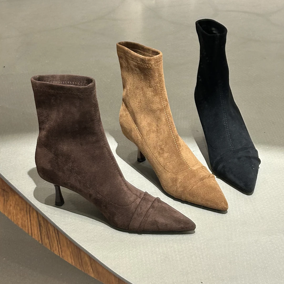 绒面套筒细跟尖头短靴女2025秋冬新款高跟女靴小众设计弹力瘦瘦靴