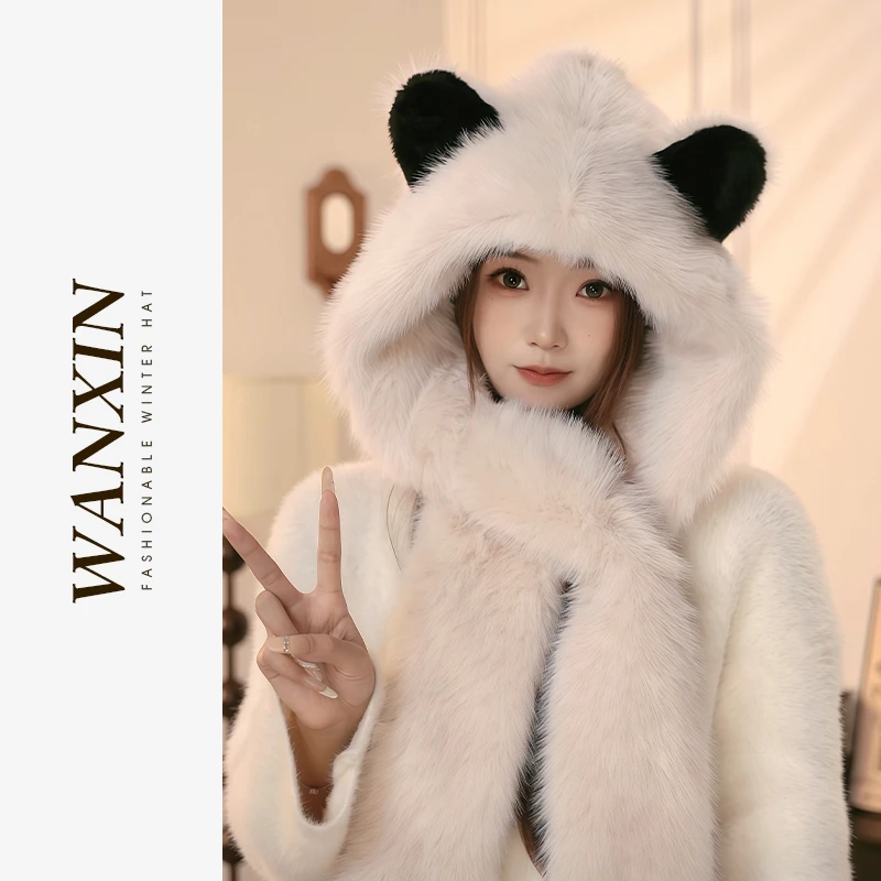 WANXIN黑耳朵狐狸毛绒帽子三件套围巾手套秋冬一体大头围帽子