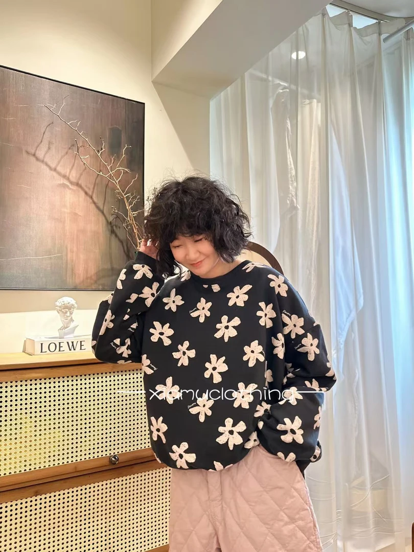 夏沐家洋气花朵加绒百搭圆领卫衣9966