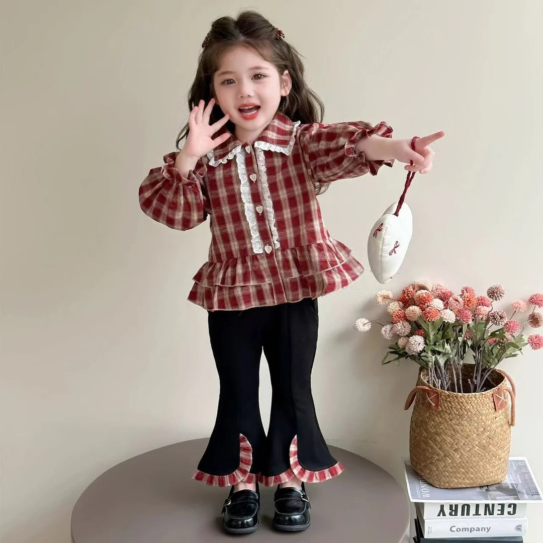 【现货】女童格子衬衫套装春秋款洋气时髦秋装女宝宝喇叭裤两件套