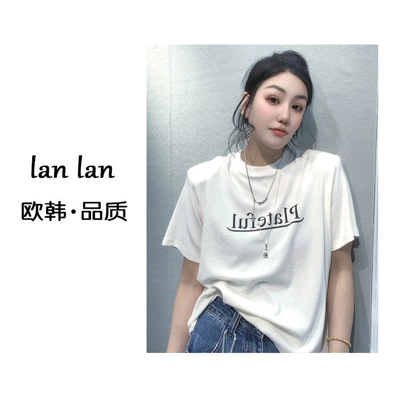 lanlan-春上新【红T恤白字母】韩版小众拼色字母T恤春夏百搭短袖