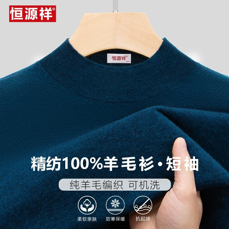 恒源祥男士休闲100%精纺全羊毛衫短袖T恤宽松爸爸毛衣针织打底衫