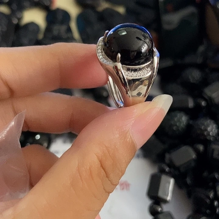 翡翠银S925镶嵌戒指墨翠