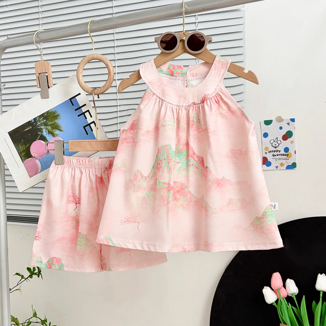 女童夏季套头卡通动漫风套装唐装童装女童复古汉服碎花洋气