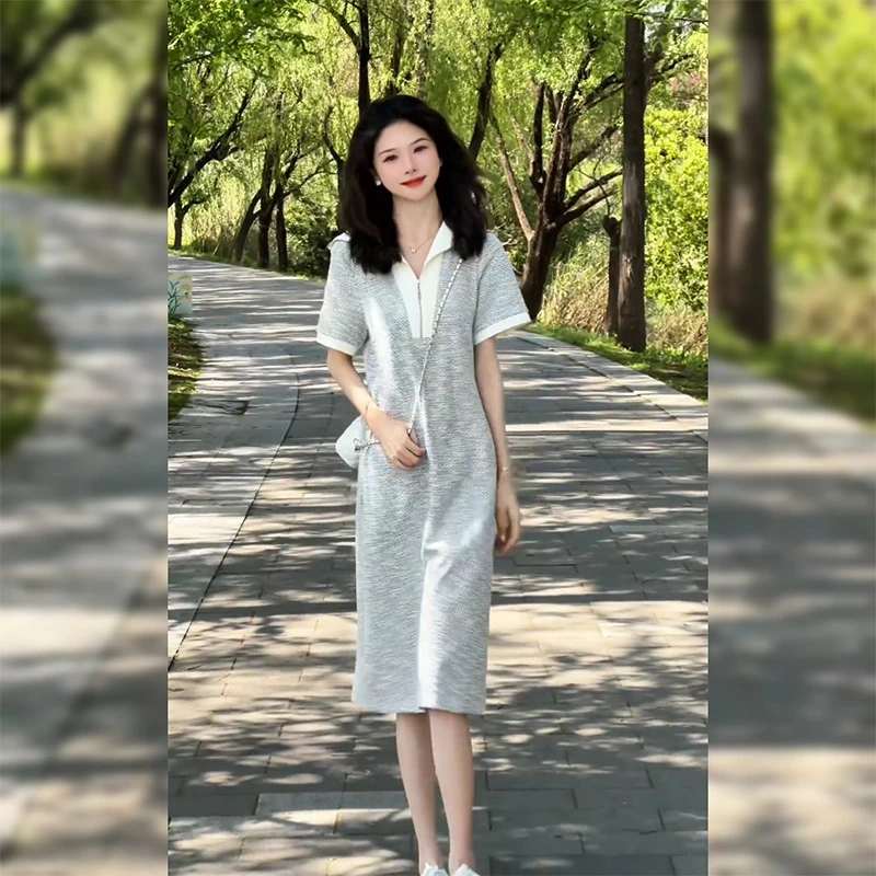 海军领短袖连衣裙女2025夏季新款宽松显瘦拼色中长裙女装休闲气质
