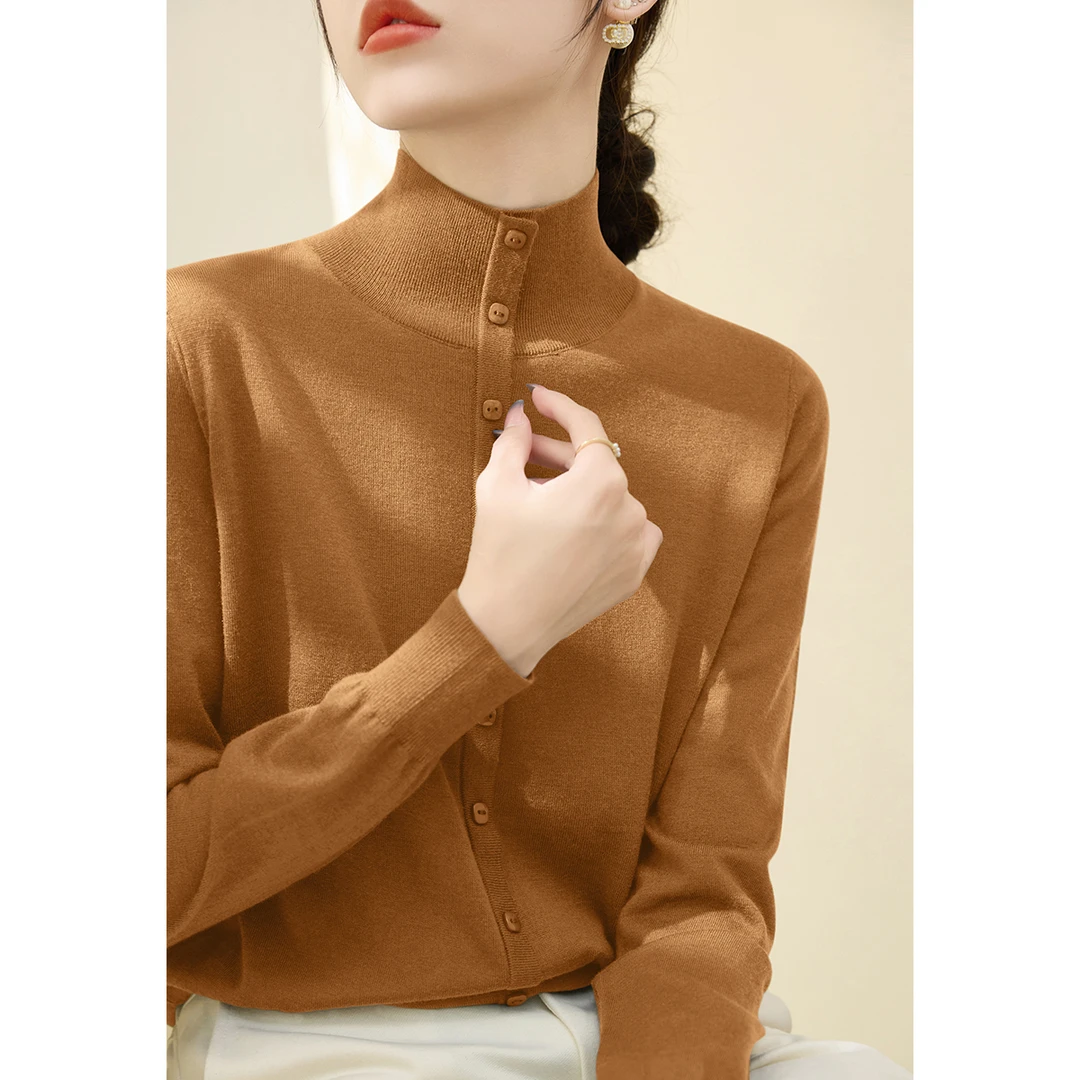 小众显白气质内搭半高领纽扣设计针织上衣女秋冬新款宽松长袖打底