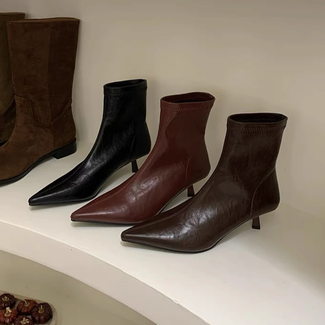 法式气质弹力瘦瘦靴细中跟尖头短靴小众2025年秋冬新款气质单靴子