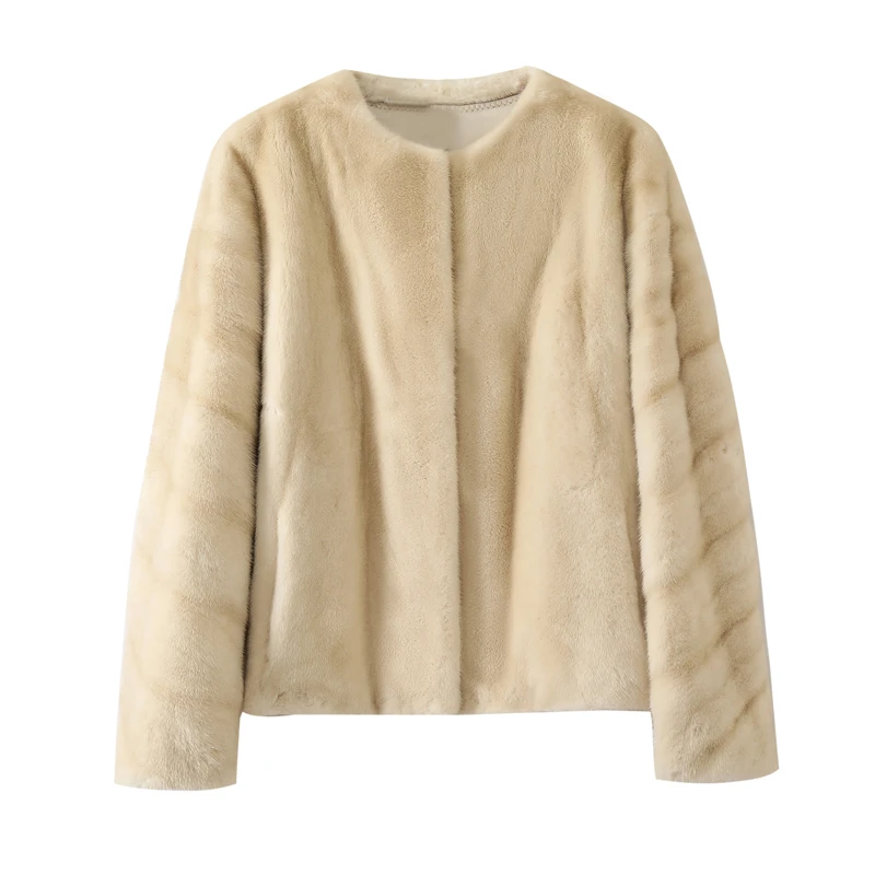 2025新款进口貂皮大衣女短款圆领紫金短二水貂皮草外套年轻款