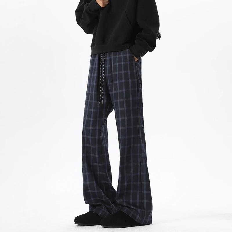 美式高街cleanfit直筒微喇格子裤男秋季潮流休闲百搭拖地裤