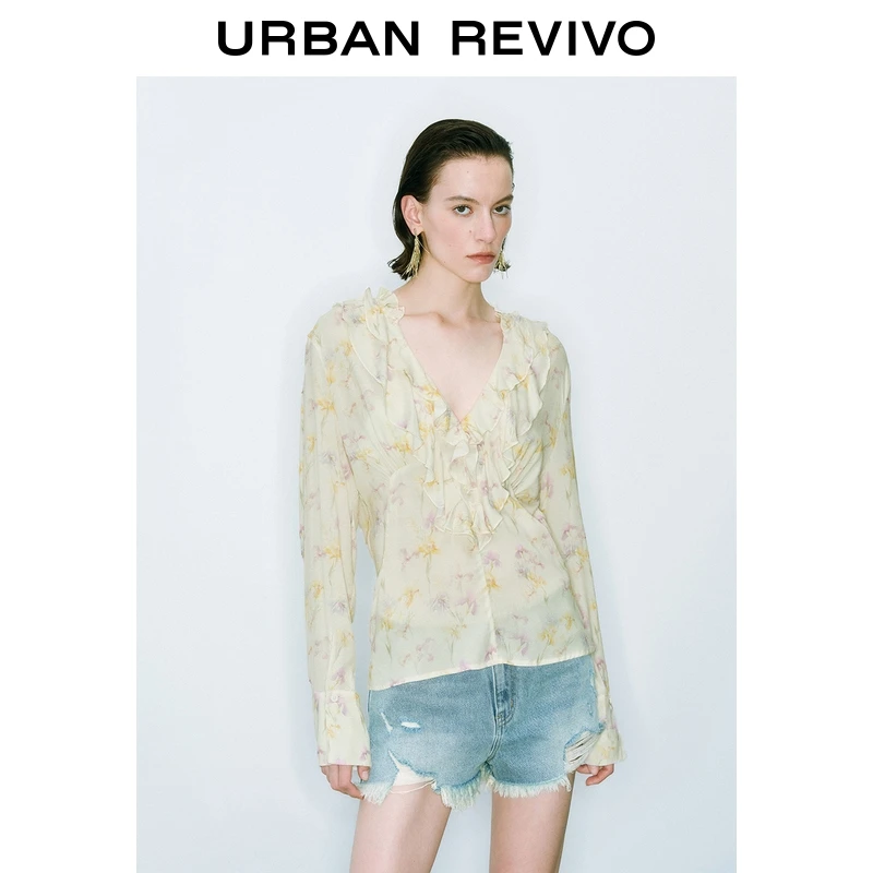 UR2025秋季新款女装魅力气质荷叶边印花罩衫衬衫UWG250167