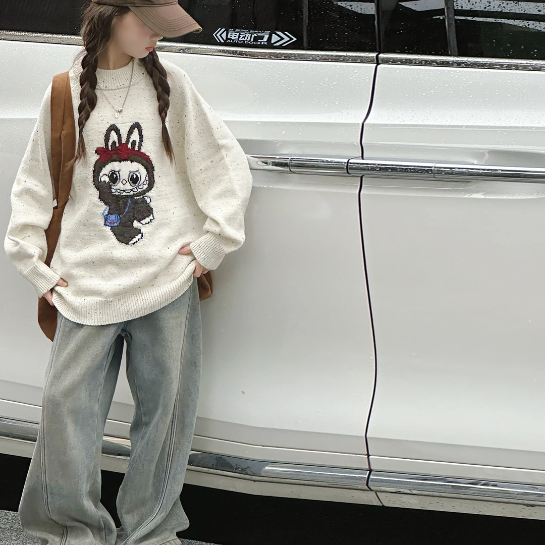 女童秋冬圆领保暖毛衣儿童拉布布提花套头针织衫中大童百搭毛线衣