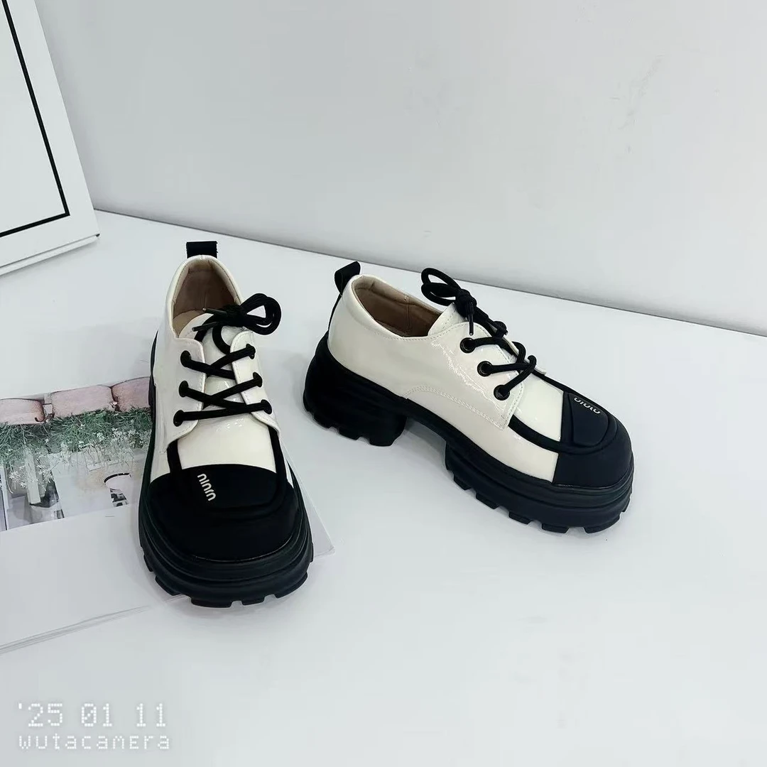 3120 新款时尚百搭粗跟复古英伦风软底学院系带厚底乐福鞋