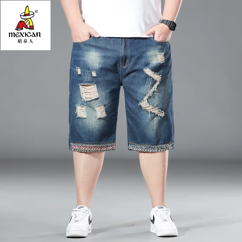 Mexican/稻草人2025夏季破洞牛仔短裤男五分裤加肥加大码中裤胖子