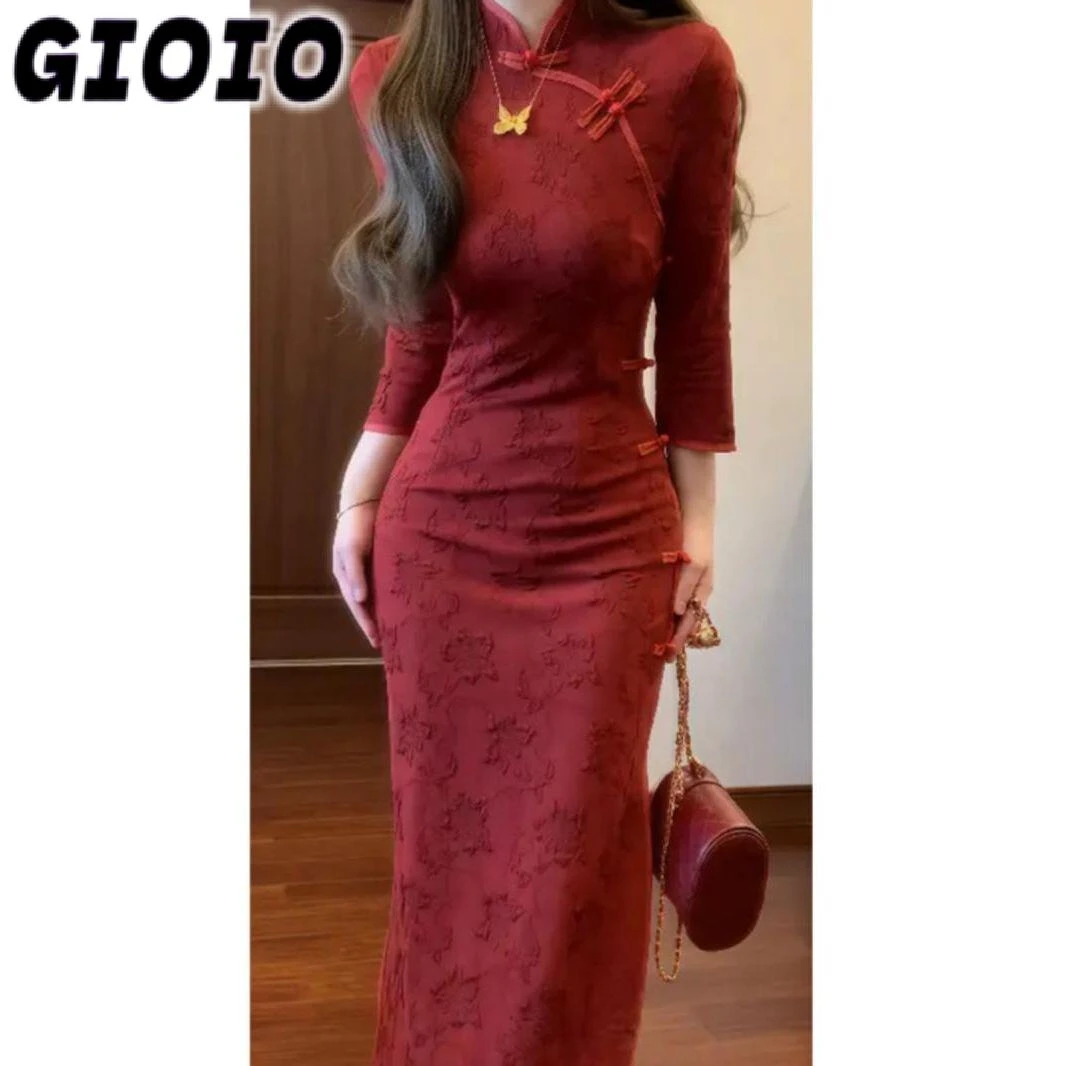 GIOIO新款红色收腰秋季复古大码女胖mm显高级感新中式国风旗袍连