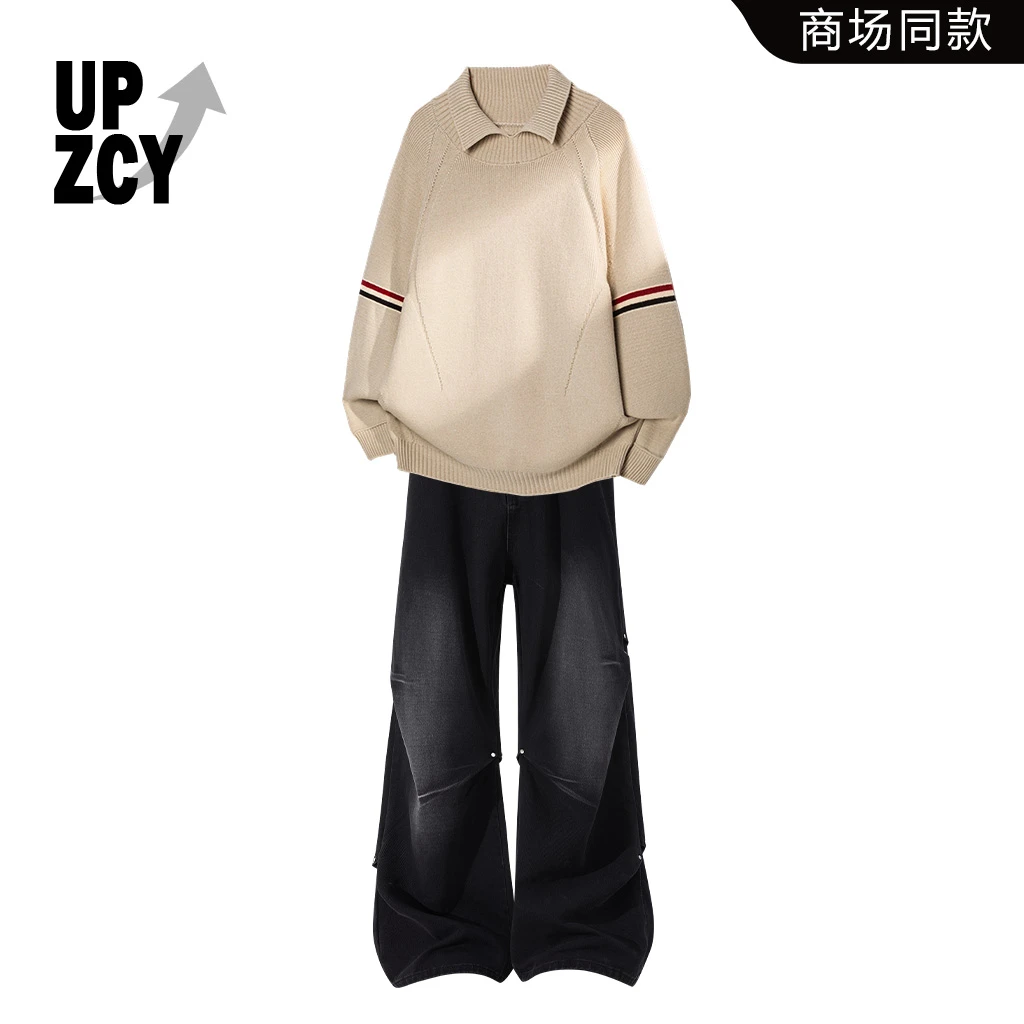 UPZCY美式复古潮流针织毛衣套装2025冬季新款水洗牛仔裤两件套男