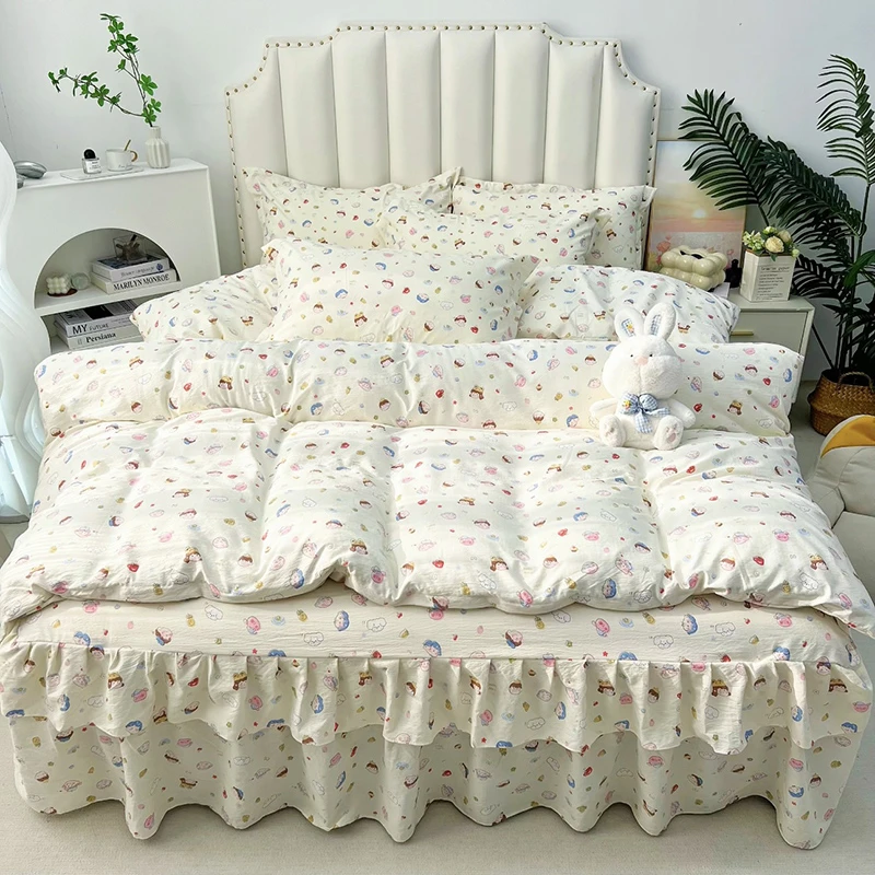 云感纱双层花边床裙款四件套非全棉纯棉被套床上用品四季可用加厚