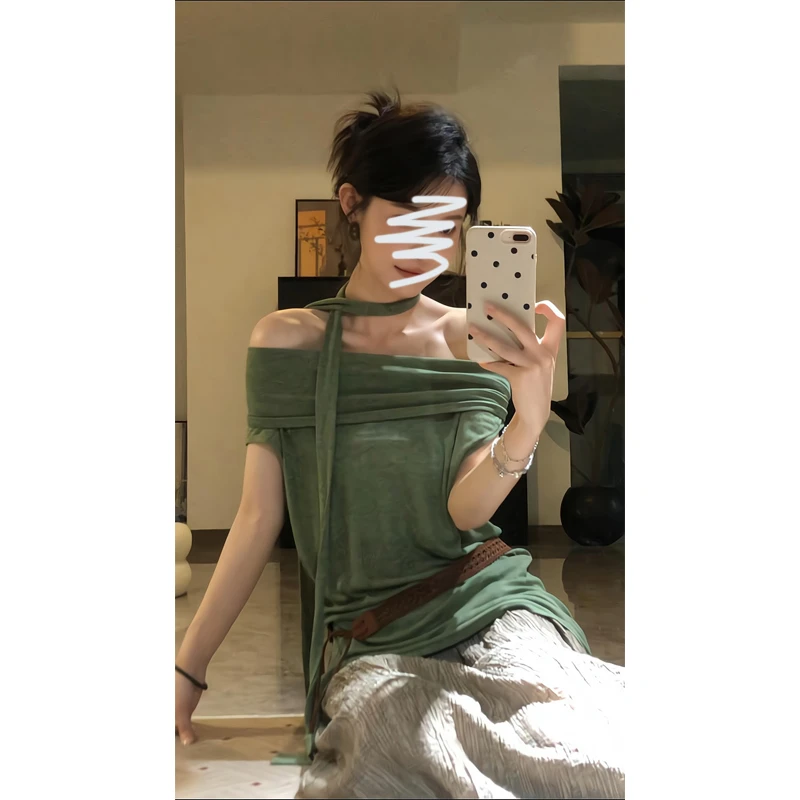 美式辣妹斜肩短袖多穿绑带挂脖针织衫露肩上衣直筒宽松休闲半身裙