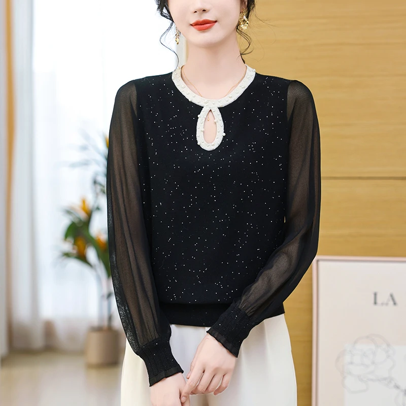 2025春秋季新款时尚纱袖上衣宽松洋气打底衫中年妈妈装针织T恤女