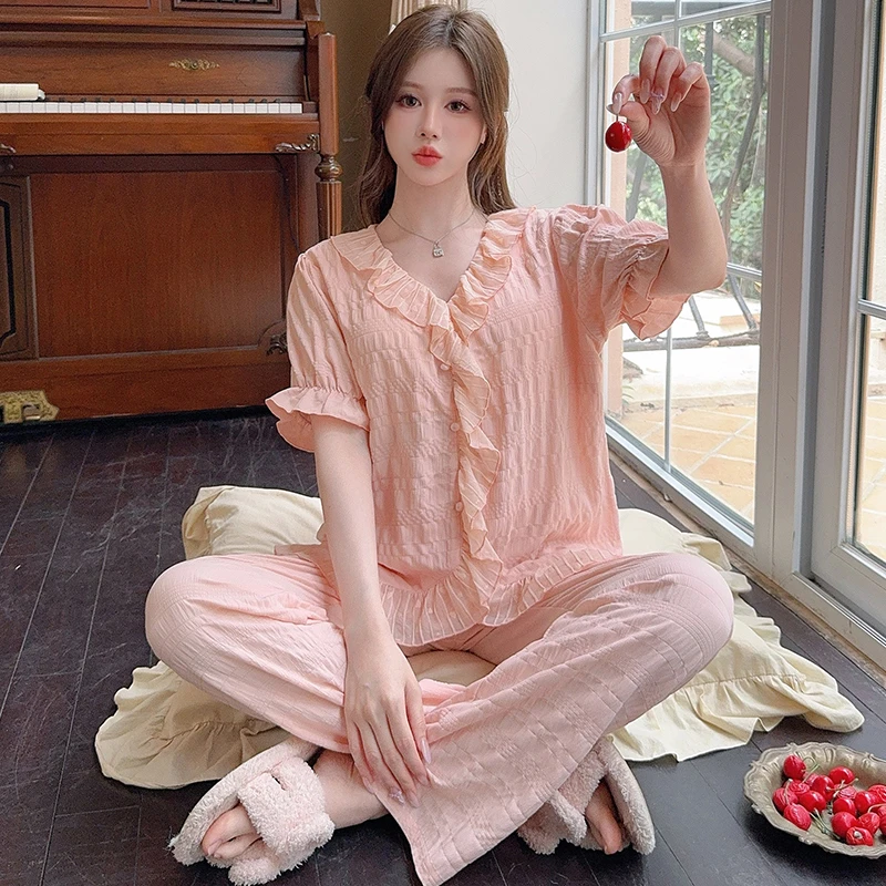 夏季新款甜美小清新花朵领短袖薄款睡衣少女三件套装带胸垫家居服