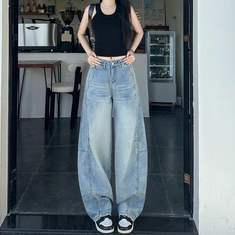 冰川蓝窄版阔腿弯刀牛仔裤女2025年秋季新款高腰直筒镰刀香蕉裤
