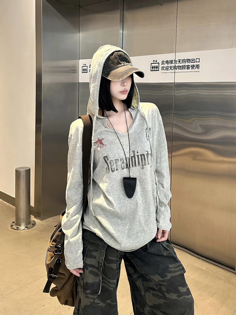 慵懒风灰色美式斑驳印花连帽长袖T恤男女秋季宽松休闲上衣罩衫夏