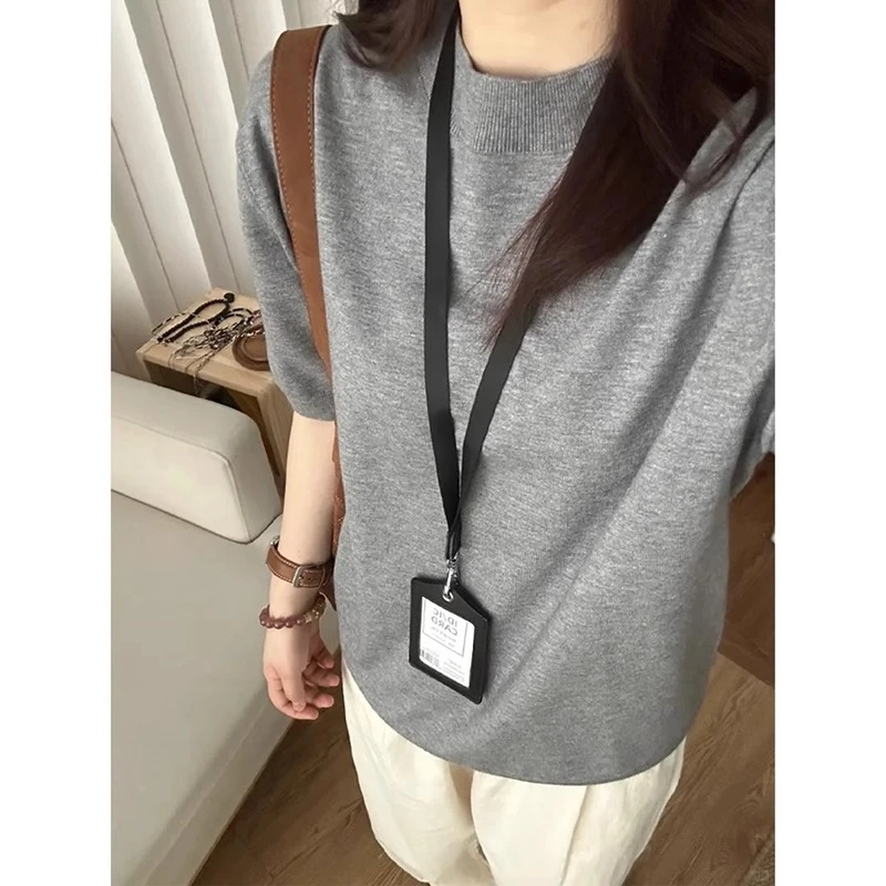 灰色老钱风针织短袖男款夏季螺纹小领口凉感T恤弹力纯色情侣半袖