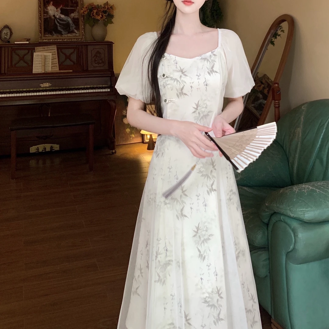 2025大码女装国风盘扣时尚优雅高级感网纱拼接中长裙