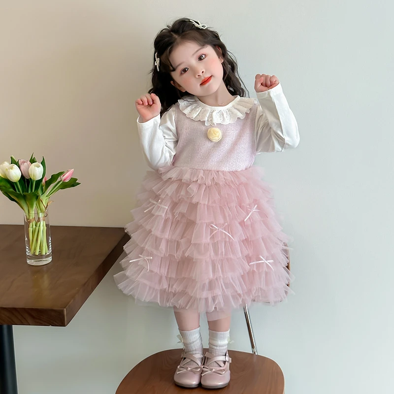 女童连衣裙春秋款2025新款儿童洋气蝴蝶结蛋糕裙女宝宝春装两件套