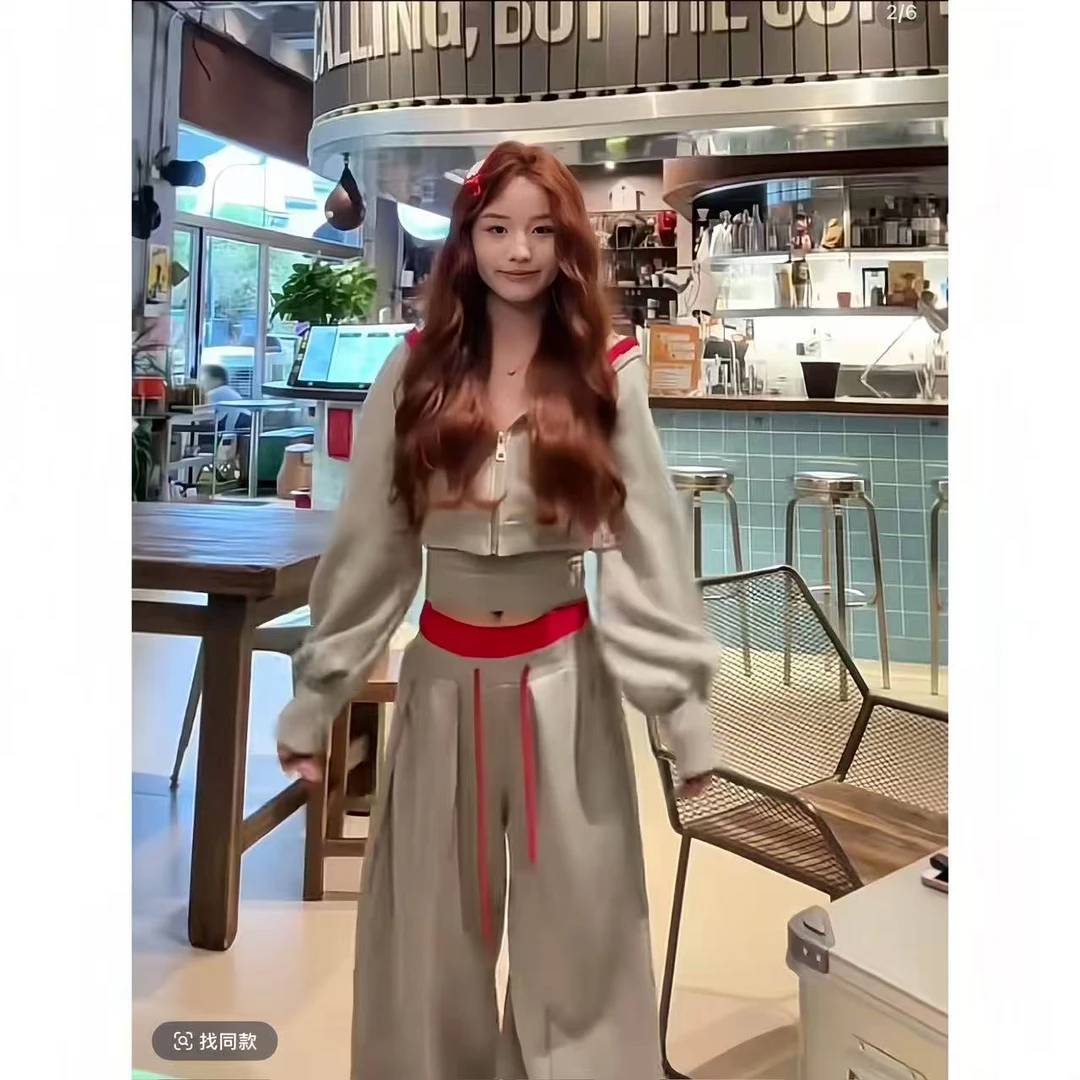 灰红拼色大兜帽短款卫衣打褶直筒宽松抽绳卫裤两件套套装