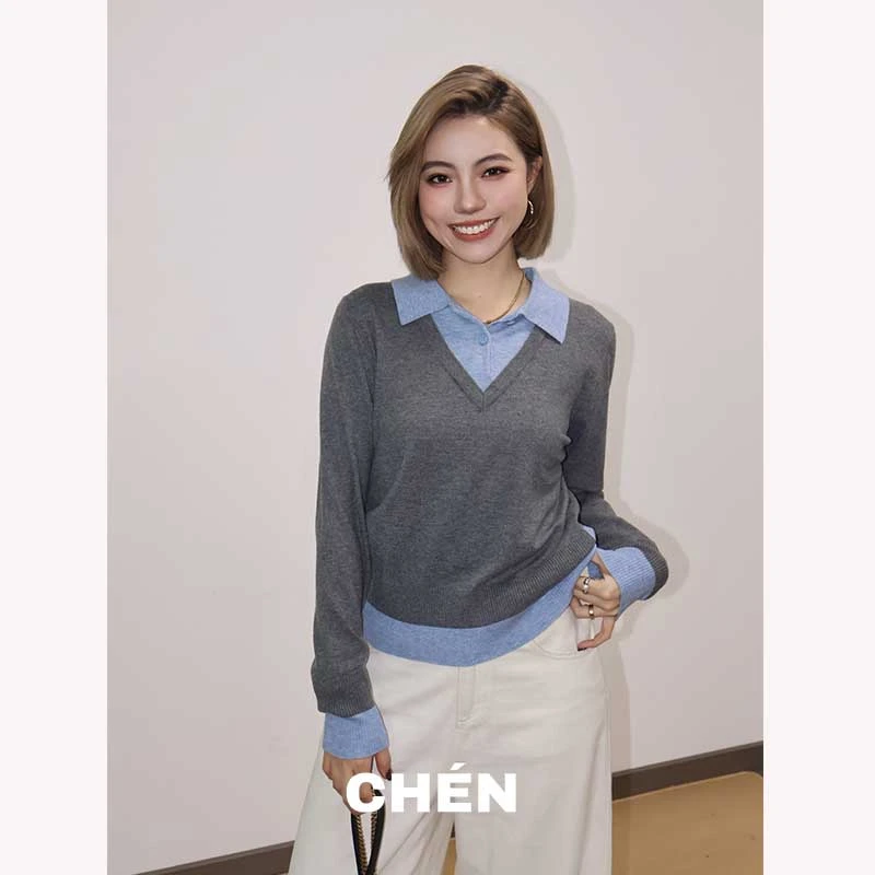 【瓜子衫】晨总自制韩版休闲通勤显瘦秋冬套头假两件针织衫女