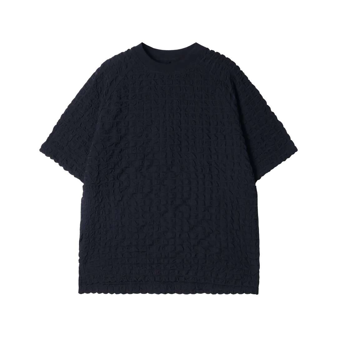 早春新款时尚个性韩版纯色格子圆领短袖上衣压皱百搭情侣套头T恤