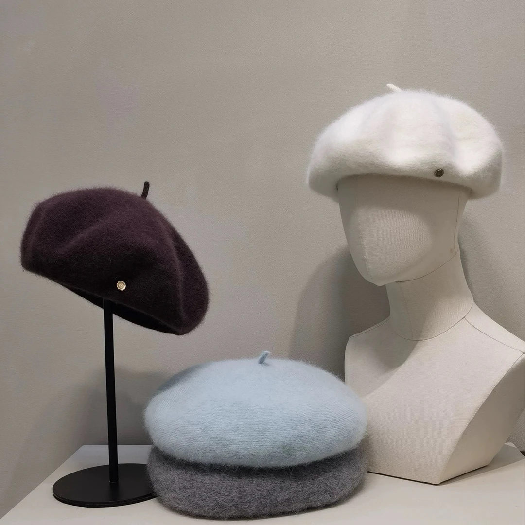 2025新款女秋冬安哥拉兔毛高品质贝雷帽女保暖画家帽韩版百搭帽子