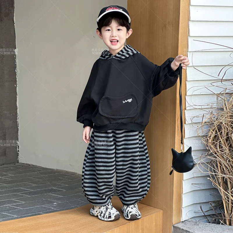 巴拉童年SCBEBE 棉的两件套儿童套装春秋新款男童韩版卫衣条纹裤
